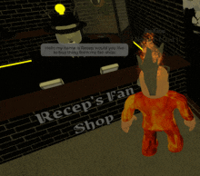 a cartoon character stands in front of a recept 's fan shop