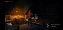 two people sitting on a bed in a dark room with a wondershare filmora icon in the corner