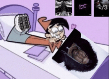 a cartoon character laying on a bed next to a picture of a man with the words forever i love you written on the bottom