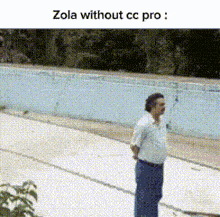 a man is standing in front of a swimming pool with a caption that says zola without cc pro