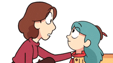 a cartoon of a woman and a little girl touching each other 's faces