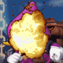 a pixel art of a purple cartoon character with a huge explosion coming out of his mouth .
