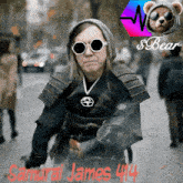 a person dressed as a samurai with a teddy bear in the background