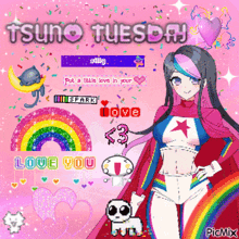 a picture of a girl in a superhero costume with a rainbow and the words tsun tuesday