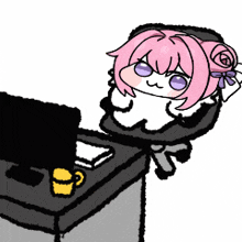 a cartoon of a girl with pink hair sitting in front of a computer .