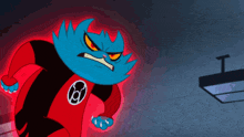 a cartoon cat with a red cape is blowing fire