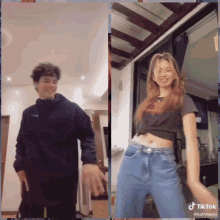 a boy and a girl are dancing together and the girl is wearing a nike crop top