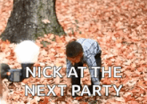 a boy is crawling through a pile of leaves with the words `` nick at the next party '' above him .