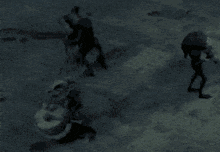 a group of people are standing in a dark room holding weapons