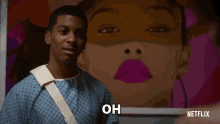 a man in a hospital gown says " oh " in front of a painting of a woman 's face