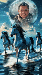 a painting of three horses running in the water with a man behind them