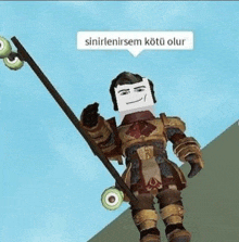 a man in armor is holding a stick and a skateboard with a caption that says sinirlenirsem kotu olur .