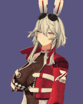 a girl with bunny ears is wearing a red jacket with the number 7 on the shoulder