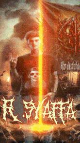 a man in a black shirt with a skull on it is standing in front of a sign that says " slayer "