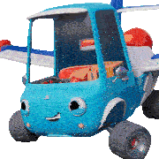 a blue toy car with a face on the front