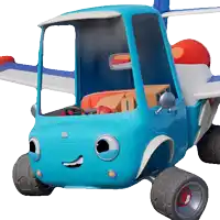 a blue toy car with a face on the front