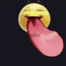 a yellow smiley face with a pink tongue sticking out and the word saint on the bottom right