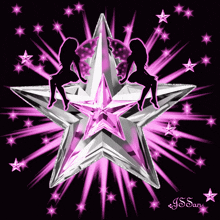 a pink and silver star with two fairy silhouettes on it by j.s. san