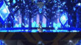 a girl in a white dress stands in a room with blue lights and crystals
