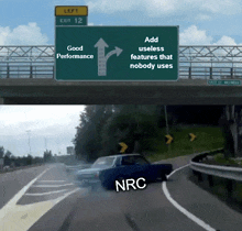a road sign that says left exit 12 and good performance