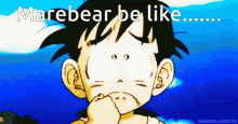 a cartoon of a boy with the words marebear be like written above him
