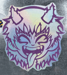 a holographic sticker with a purple devil face and the letters m and w on it
