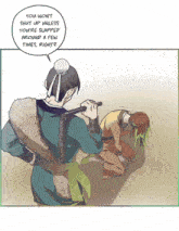 a cartoon of a man holding a stick and a woman kneeling down