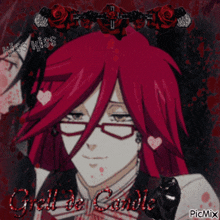 a picture of a man with red hair and glasses with the name grell de candle on it