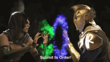a man and a woman are standing next to each other and the words submit to order are above them