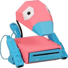 a pink nintendo wii with two blue controllers attached to it