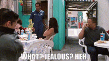 a group of people sitting at tables with the words " what jealous heh " written below them