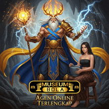 a poster for museum bola agen online terlengkap shows a man holding a staff and a woman sitting on a stool