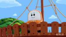 a cartoon character is sitting on a wooden bridge with a netflix logo in the background