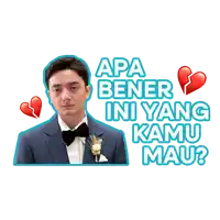 a sticker of a man in a suit with the words apa bener ini yang kamu mau on it
