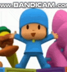 a cartoon character named pocoyo is standing next to a purple elephant .
