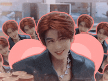a man with red hair is surrounded by other men