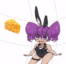 a girl with purple hair is holding a piece of cheese in her hand