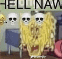 a spongebob squarepants cartoon with skulls on the wall behind him .