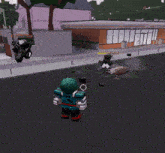 a cartoon character with green hair is standing in front of a store