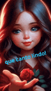 a picture of a girl holding a red rose with que canto lindo written on it