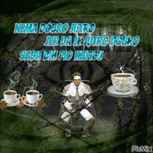 a man is chained to a chair with two cups of coffee in front of him and the words nema dobro jutro jer da je jutro dobro