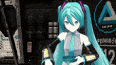 hatsune miku is holding a bowl in front of a sign that says openrose