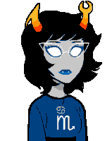 a pixel art drawing of a girl with horns wearing a blue shirt that says m on it