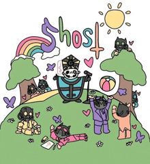 a drawing of a ghost surrounded by children and a rainbow with the word ghost at the top