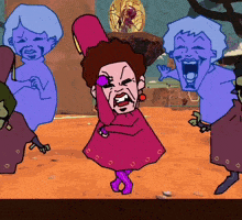 a cartoon drawing of a woman in a pink dress with purple eyes