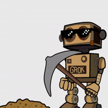 a cartoon drawing of a robot wearing sunglasses and a box that says cook