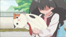 a girl is holding a cat in her arms and it looks like a calico cat