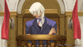 a man in a suit sits at a podium in a video game with options and autoplay buttons