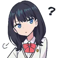 a girl with blue eyes and a question mark on her head