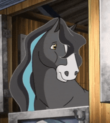 a cartoon horse is looking out of a wooden stable door